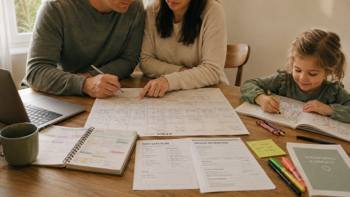 parents gathered at a table coordinating care schedules for their child who is nearby coloring