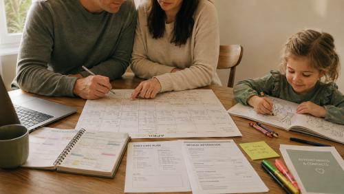 parents gathered at a table coordinating care schedules for their child who is nearby coloring